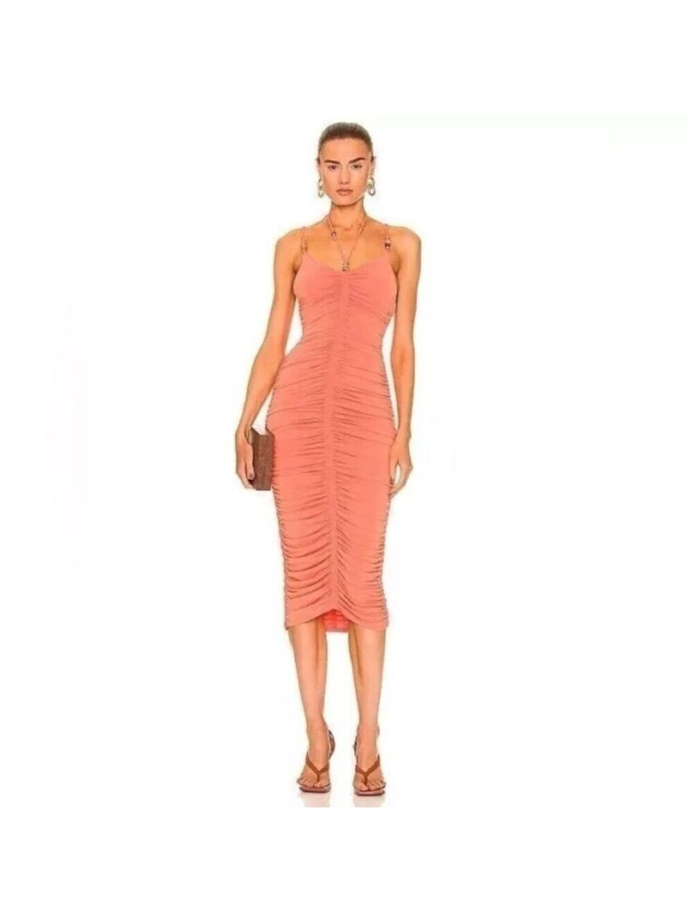 A.L.C. Allegra Ruched Embellished Halter Bodycon Sangria Orange Midi Dress Small - Picture 2 of 16
